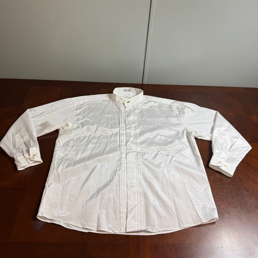 Cassel Mens Tuxedo Shirt XXL 18-18.5 White Banded Collar Pleated Jacquard Shiny‎